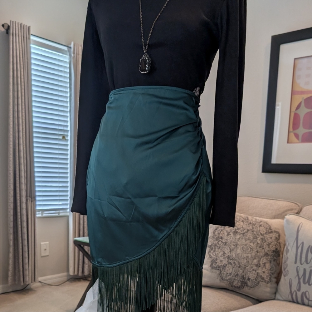 Green Teal Fringe Midi Skirt